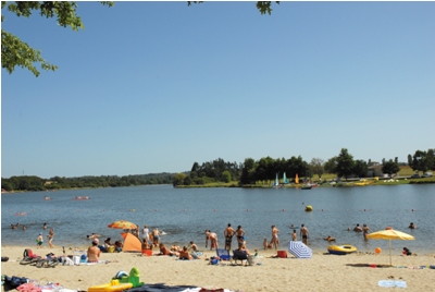 A view of the beach by the lake on a sunny day