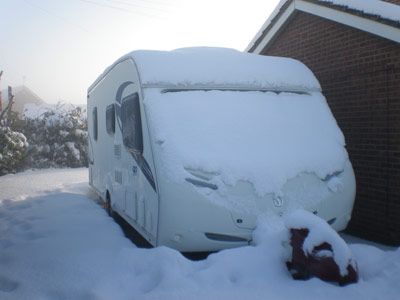 touring caravan in the snow
